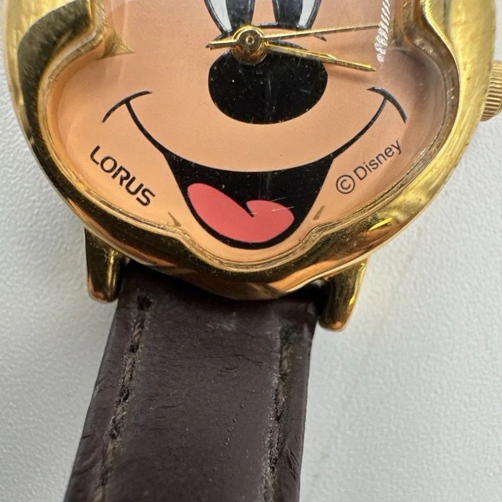 VTG LORUS Goldtone MICKEY MOUSE watch Lotus Brown Faux Leather Peeling Untested